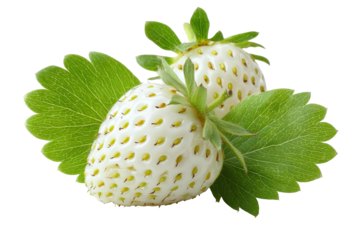 Unripe white strawberries with green leaves isolated on transparent background. Two white strawberries with green leaves isolated on white background.