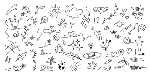 Obraz premium Hand Drawn Doodle Elements Set Black Line Art, Cute Hand Drawn Doodle Icons vector Collection, Hand Drawn Doodle Shapes And Symbols