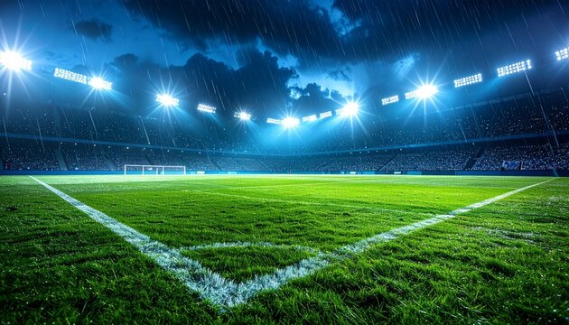 Dark moody stadium at night under heavy rain, glowing floodlights reflecting on wet green grass. Cinematic atmosphere symbolizing tension, drama, and a world cup 2026