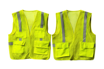 Two bright yellow safety vests with reflective strips isolated on transparent background. High visibility safety vest with pockets and reflective strips isolated on white background.