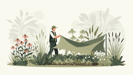 Man Sets Up Canopy In A Wildflower Garden For Shade And Protection