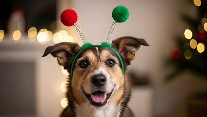 Dog Wearing Christmas Headband with Pom Poms.