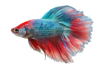 Fototapeta premium Colorful betta fish swimming isolated on transparent background. Betta fish portrait with flowing fins and scales isolated on white background.
