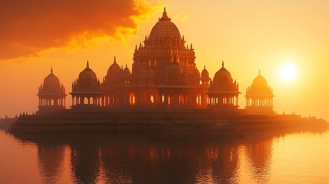 Calm ram mandir silhouette sacred sunrise ayodhya high resolution picture