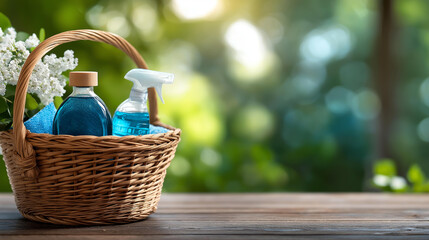 Bucket of cleaning supplies on wooden table with clean blue bubbly background cleaning services concept janitorial equipment sanitation tools housekeeping products