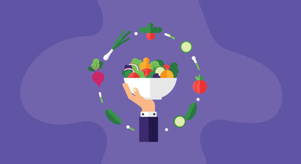 Hand holding a white bowl of healthy vegetable salad with various floating colorful ingredient icons on a purple background.