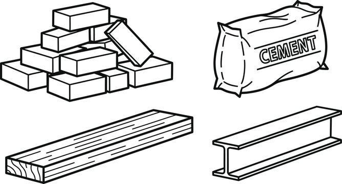 Line art vector set of 4 construction materials brick pile cement bag wood plank and steel beam