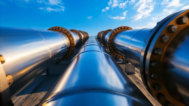 Shiny metallic industrial pipes moving under a clear blue sky with white clouds, representing energy infrastructure footage