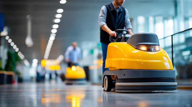 Floor care cleaning services with washing machine equipment professional maintenance commercial janitorial automated sanitation industrial floor care defocused background