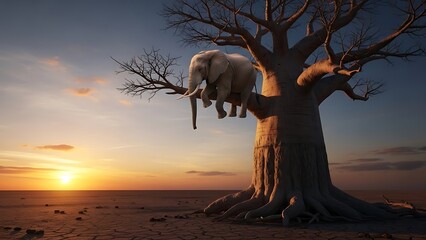 Elephant Sitting on Barren Tree Branch at Sunset.