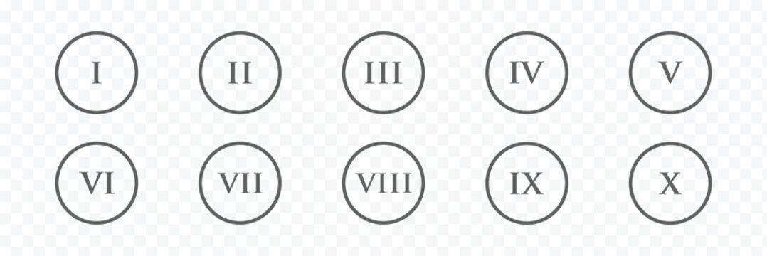 roman numerals Numbers from one to ten. vector of a Roman numeral clock. time, hour, minute, second, symbol. Roman Numerals Set. vintage Latin numeric symbols and decorative digits on transparent bg