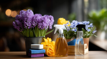 Cleaning concept housecleaning hygiene spring chores cleaning supplies display janitorial equipment sanitation products housekeeping tools defocused background with copy