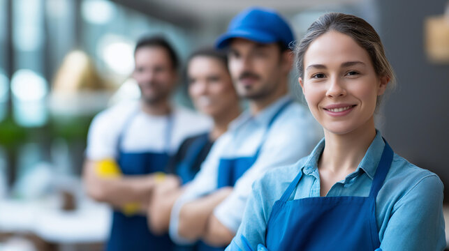 Faceless team of janitors cleaning office professional maintenance crew commercial sanitation workplace hygiene group cleaning service defocused background with copy space