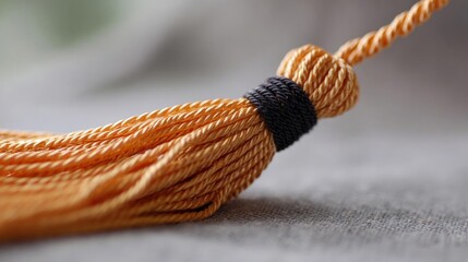 Close-up of a tassel made of orange thread. the thread is coiled and has a knot at the end, which is secured with a black thread loop.