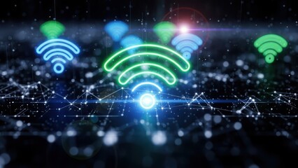Digital concept with glowing wifi signal icons over abstract network structure