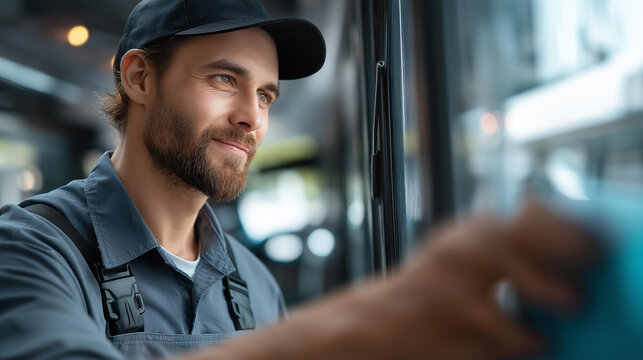 Faceless male professional cleaning service worker in overalls cleans windows shop windows store special equipment commercial janitorial glass maintenance