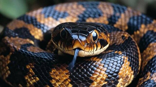 Close up view of a coiled snake with patterned scales, showing its head with eyes and mouth, animal wildlife footage