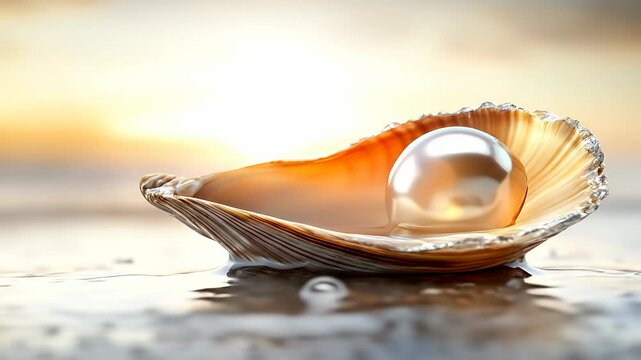 A luminous pearl rests within a detailed seashell, nestled at the gentle edge of the ocean's tranquil water, reflecting a warm, soft sunrise glow.