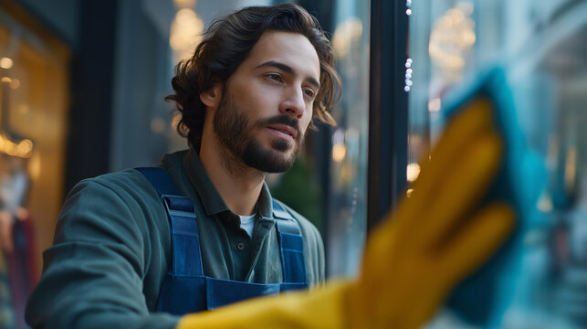 Faceless male professional cleaning service worker in overalls cleans windows shop windows of store special equipment commercial janitorial glass washing professional