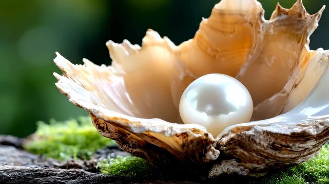 A single luminous pearl resting within a textured oyster shell, showcasing natural beauty and oceanic treasures, against a soft green bokeh background, embodying rarity and preciousness.