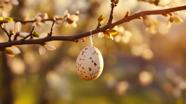 White speckled easter egg decoration hanging from a branch of a flowering tree in a spring garden concept video