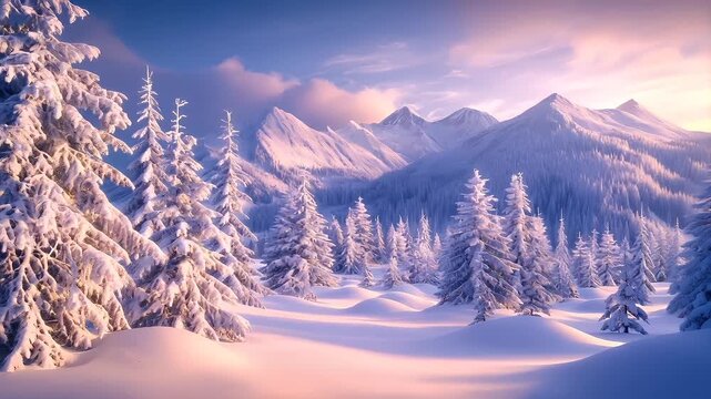 A vivid winter landscape with snowcovered trees and mountains. The style is realistic with a touch of fantasy, and the coloration is dominated by cool blues and whites.