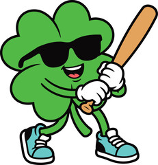 Cool Shamrock Baseball Player Character Vector Illustration for St Patrick&rsquo;s Day.
