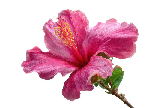 Pink hibiscus flower isolated on transparent background. Close-up of a bright pink hibiscus flower with green leaves isolated on white background.
