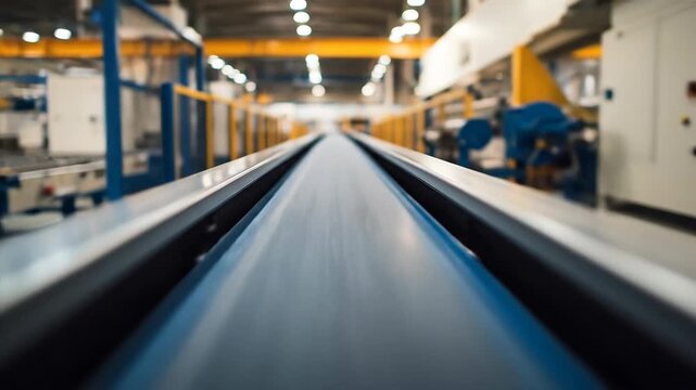 Automated conveyor belt moving in factory production floor with bokeh light on ceiling for industrial manufacturing process footage