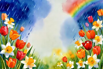 Obraz premium Spring Rain Bloom: Watercolor Tulips and Daffodils with Rainbow Sky