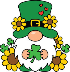 Cute St Patrick&rsquo;s Day Gnome with Shamrock and Flowers Vector Illustration.