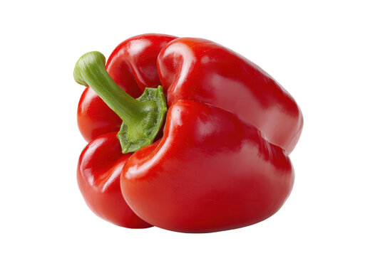Single red bell pepper isolated on transparent background. Single ripe red bell pepper with green stem isolated on white background.