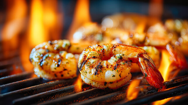 Shrimp grill on a barbecue as flames dance around them, emphasizing the cooking process and creating a visual showcase of flavor and texture