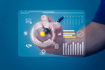 A businessman navigates a virtual scheduling and time-management screen, highlighting productivity and streamlined organization in a modern digital environment