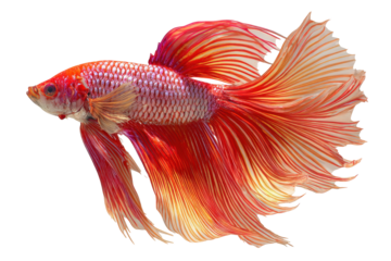 Vibrant red betta fish with flowing fins isolated on transparent background. Ornate siamese fighting fish with flowing fins and scales isolated on white background.