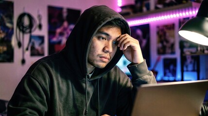 Tired young man in hoodie using laptop at night in gaming room