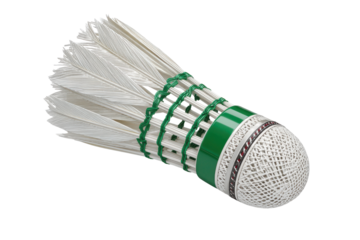 White badminton shuttlecock with green band isolated on transparent background. Detailed view of a white badminton shuttlecock with green accents isolated on white background.