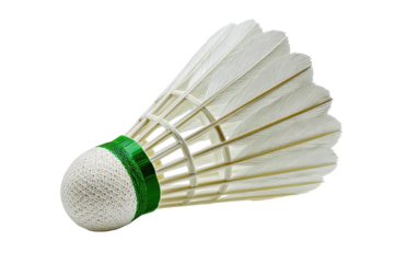 White badminton shuttlecock with green band isolated on transparent background. Badminton shuttlecock with green band and white feathers isolated on white background.
