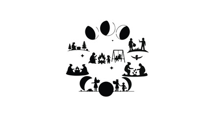 Circular graphic merging moon phases with silhouette scenes of family life, outdoor activities, and daily routines, symbolizing life's continuous cycles and natural progression