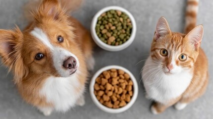 Fototapeta na wymiar Dog and cat sitting next to bowls of dry food looking up at camera on gray background
