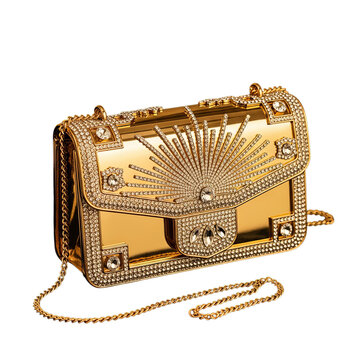 Luxurious gold clutch handbag with intricate embellishments isolated on transparent background