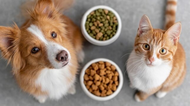 Dog and cat sitting next to bowls of dry food looking up at camera on gray background