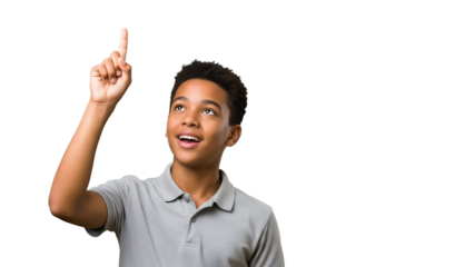 A young boy pointing upwards with a surprised expression on transparent background