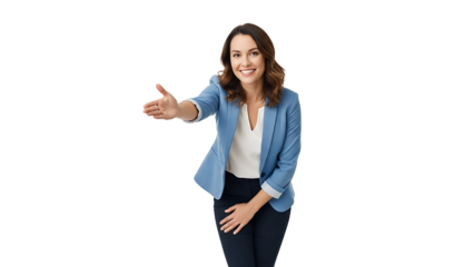 A smiling businesswoman extending her hand in greeting on transparent background