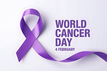 World Cancer Day purple ribbon awareness artwork. Medical support design with soft background.