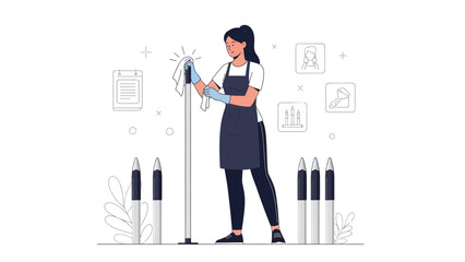Obraz premium Young Woman Cleaning Service Routine On White Background Vector Illustration