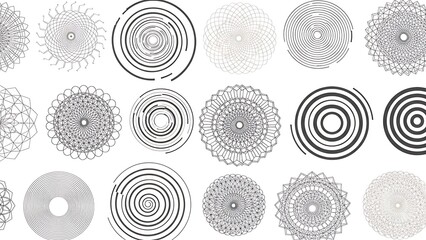Collection of intricate, radial patterns composed of lines and circles, creating complex designs