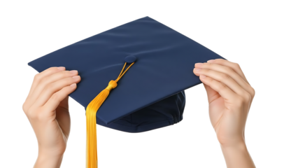 A person holding a graduation cap with a yellow tassel on transparent background