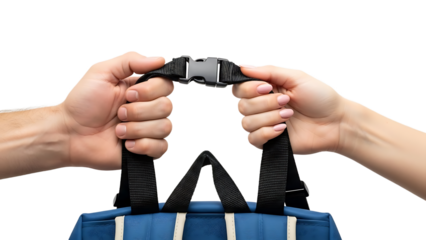 A person is adjusting the strap of a blue bag on transparent background