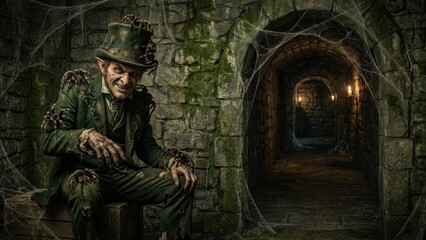 Evil leprechaun man with spiders on his dirty green suit in a dark, cobweb-filled dungeon for Halloween or St. Patrick Day horror concept.